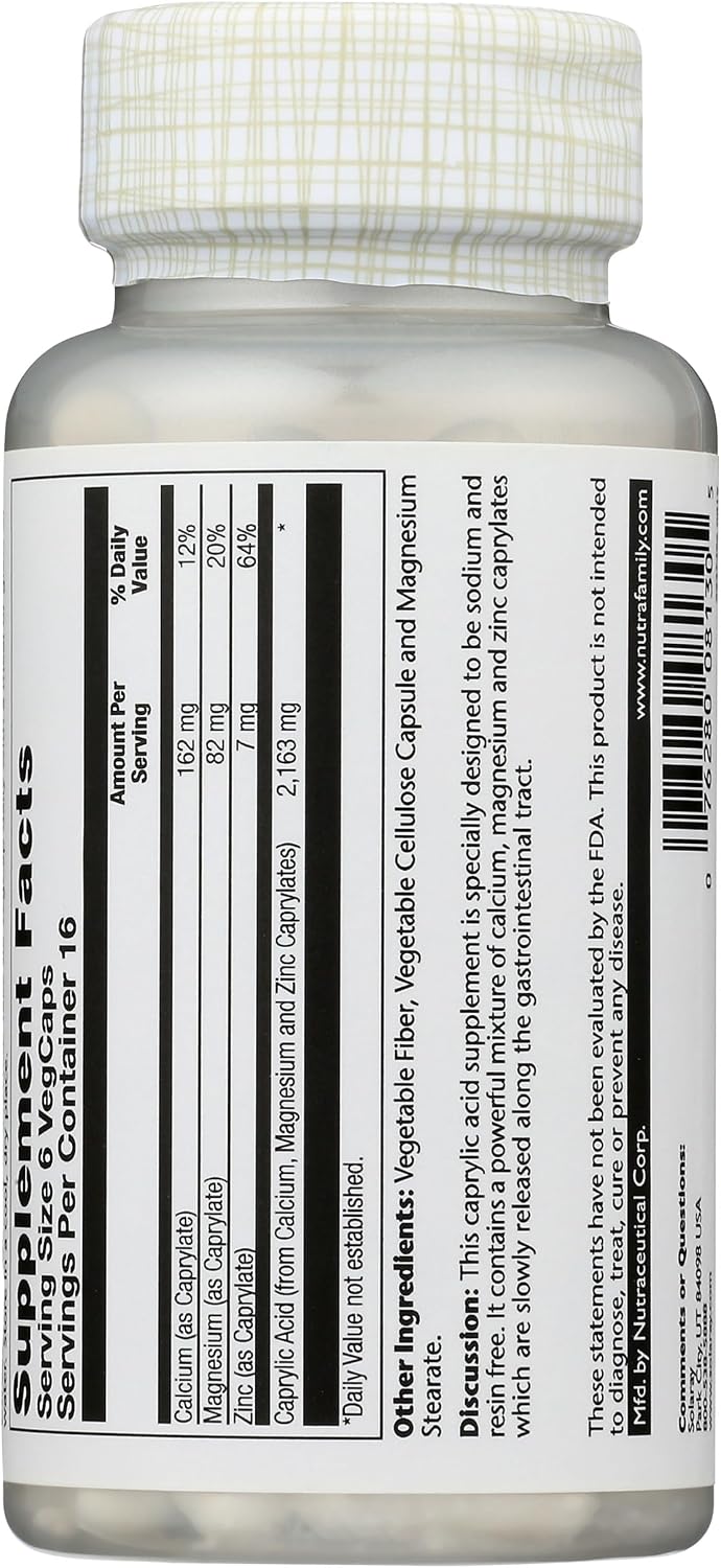Solaray Capryl - Ácido Caprílico con Calcio, Magnesio y Zinc, 100 Cápsulas