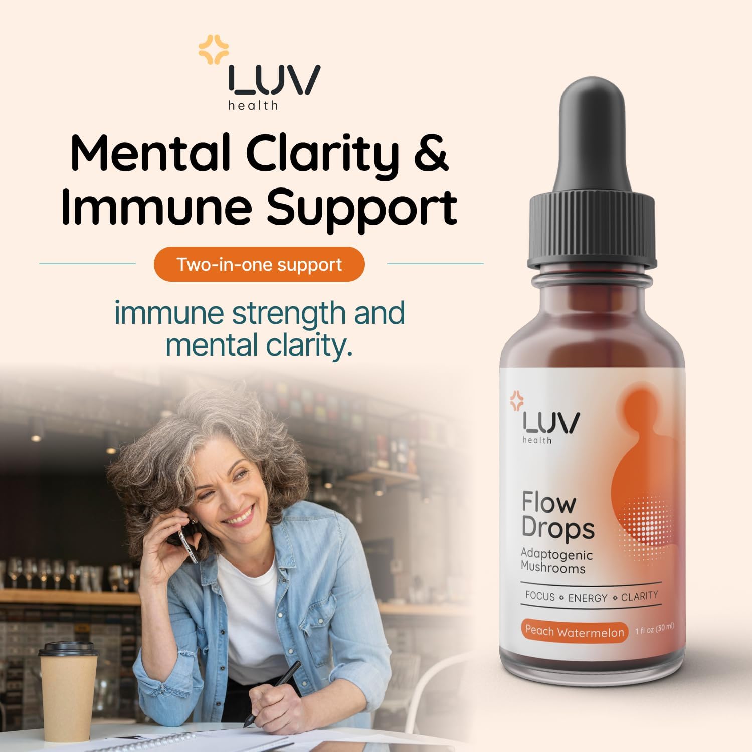 LUV Health Flow Drops - Hongos Adaptógenos para Energía y Concentración, 30 Dosis