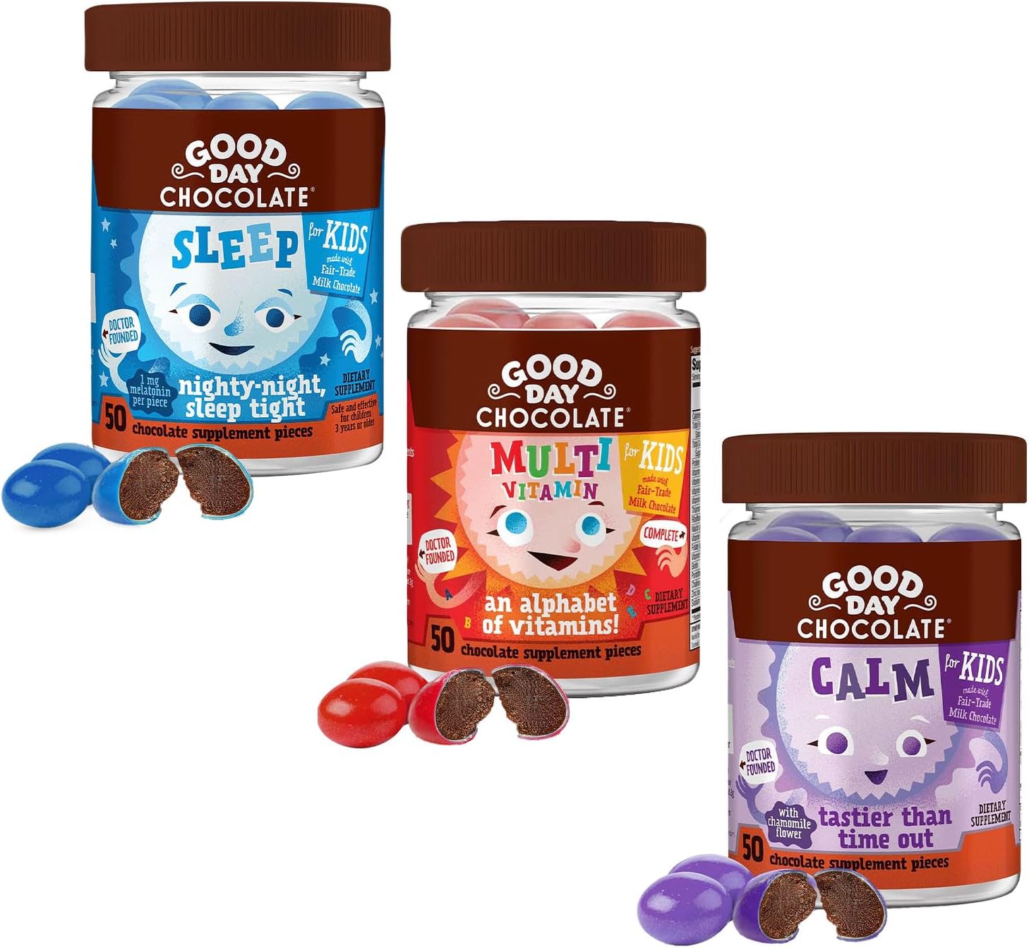 Good Day Chocolate Multivitamínico Completo para Niños – Suplemento Diario con Vitaminas A, B6, B12, C, D, E, Folato y Biotina, Chocolate de Comercio Justo y Sin OGM, 50 Piezas