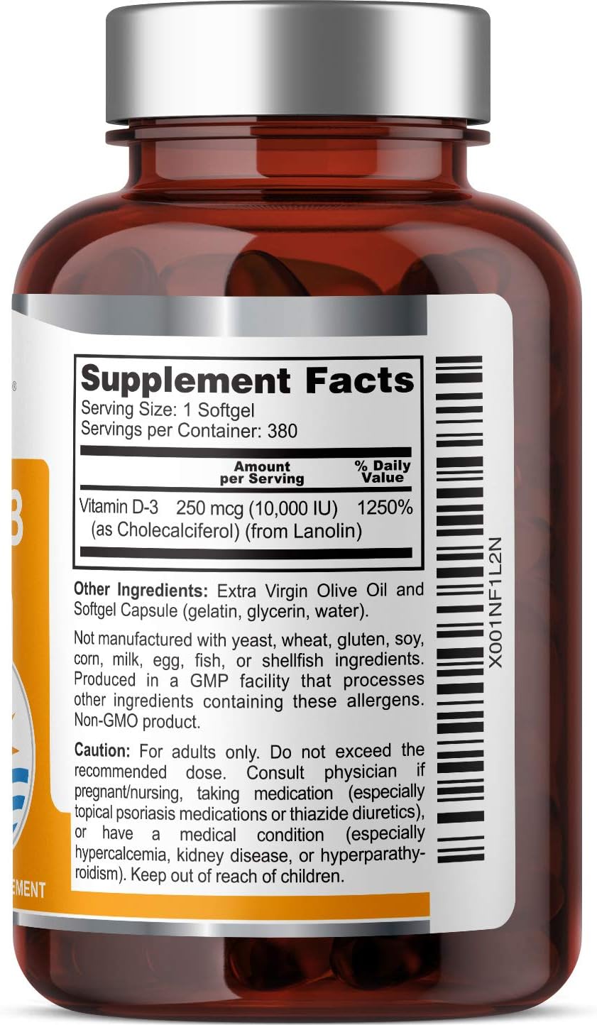 Vitamina D3 10000 UI 380 Cápsulas Blandas – Alta Potencia con Aceite de Oliva Virgen Extra