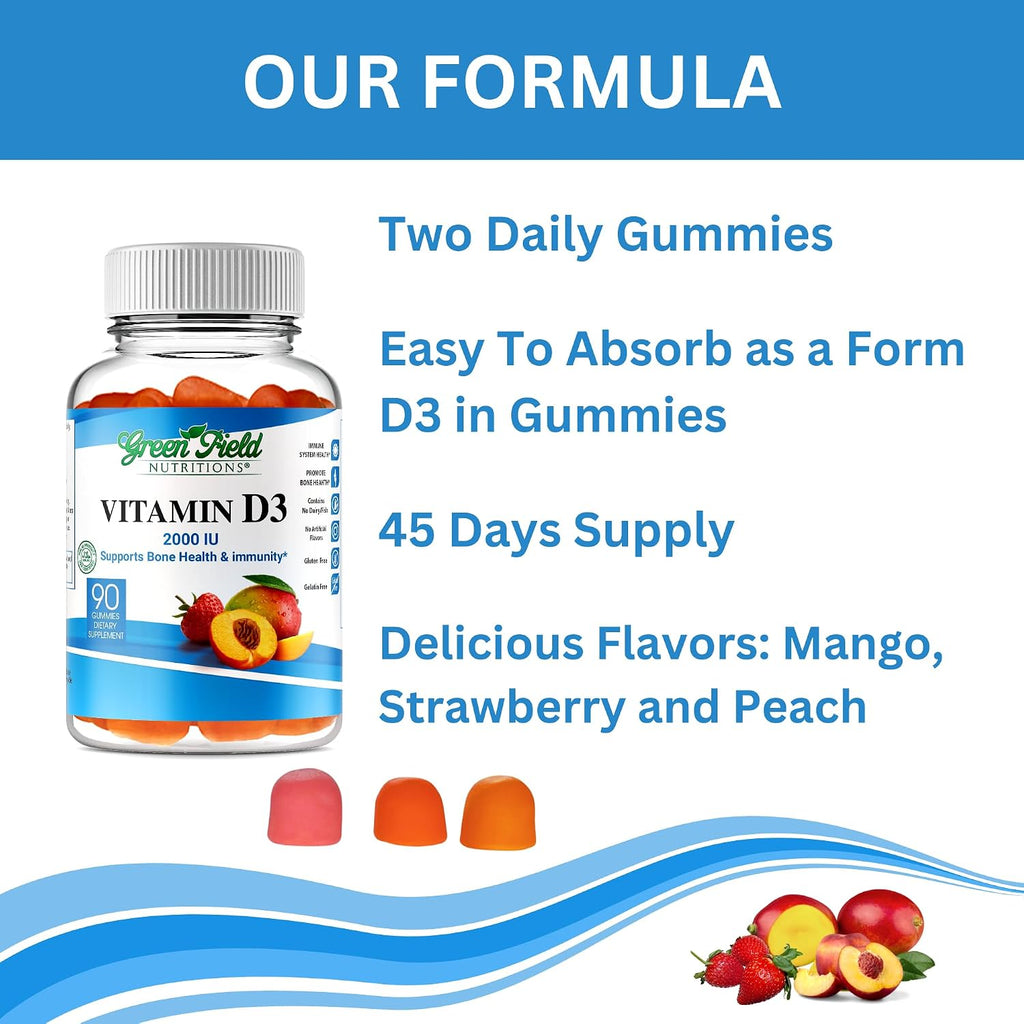 Greenfield Nutritions Gominolas de Vitamina D3 Halal - 2000 IU (50 mcg), 90 Gominolas Vegetarianas