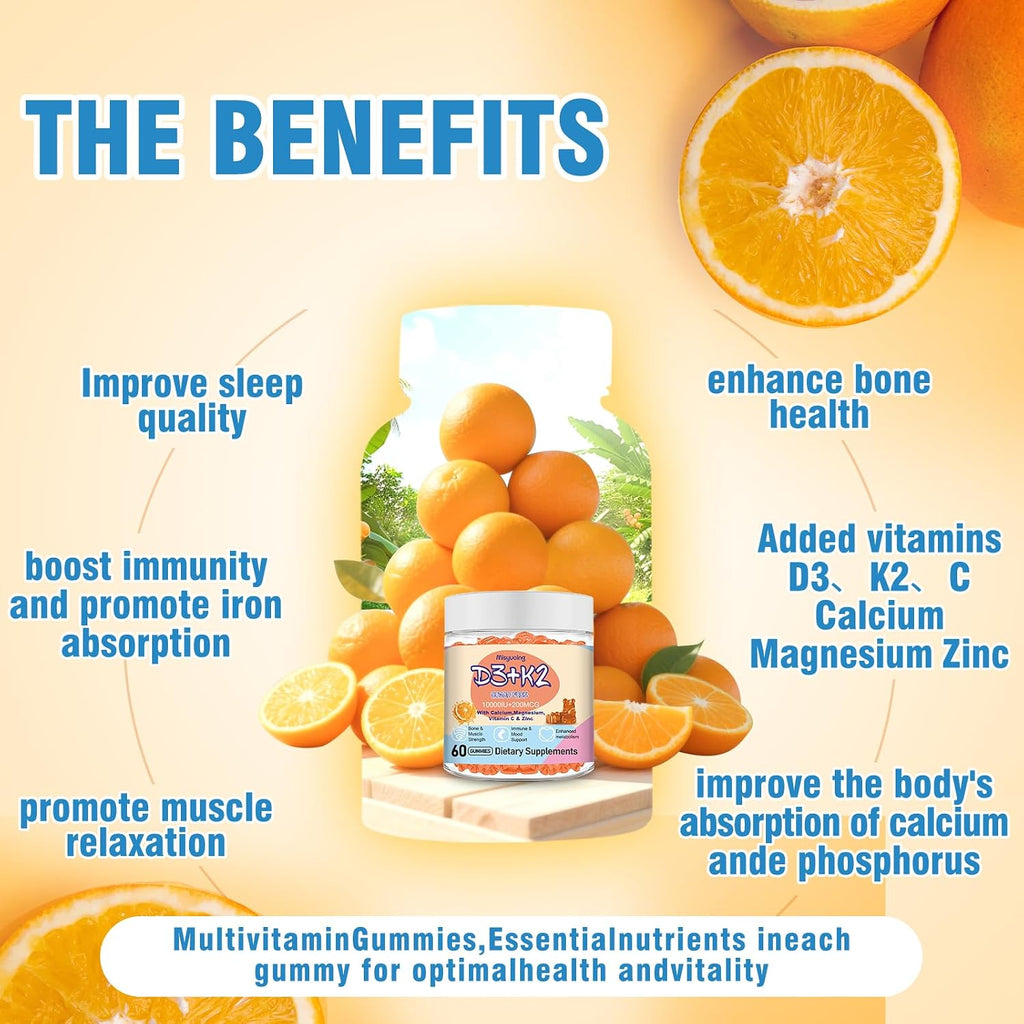 Vitamin D3 K2 Gummies, Vitamina D3 10000 UI con K2 200 mcg, Vitamina C, Calcio, Magnesio, Zinc, Apoyo para Huesos, Articulaciones, Músculos, Nervios y Sistema Inmunológico (60, Naranja, Sin Azúcar)