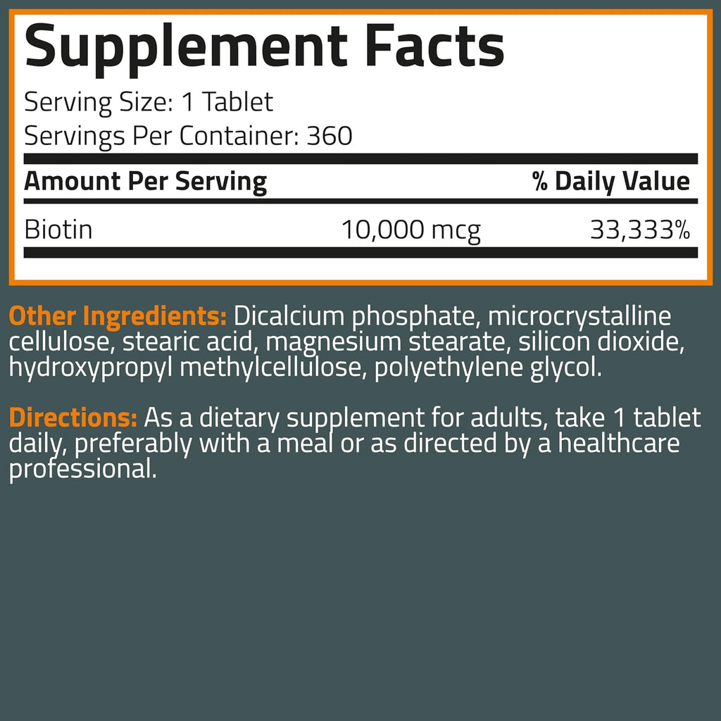 Bronson Biotina 10.000 mcg | 360 Comprimidos | Para el Mantenimiento del Cabello, Piel y Uñas | Vegetariano, No-GMO
