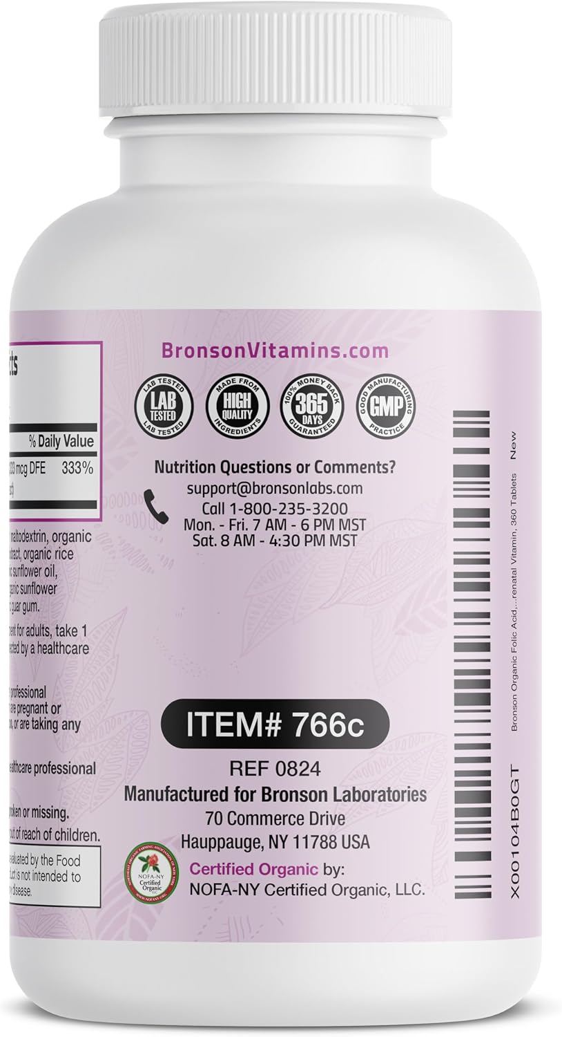 Bronson Ácido Fólico Orgánico (Vitamina B9 Folato) 800 mcg de Cáscara de Limón - 360 Comprimidos