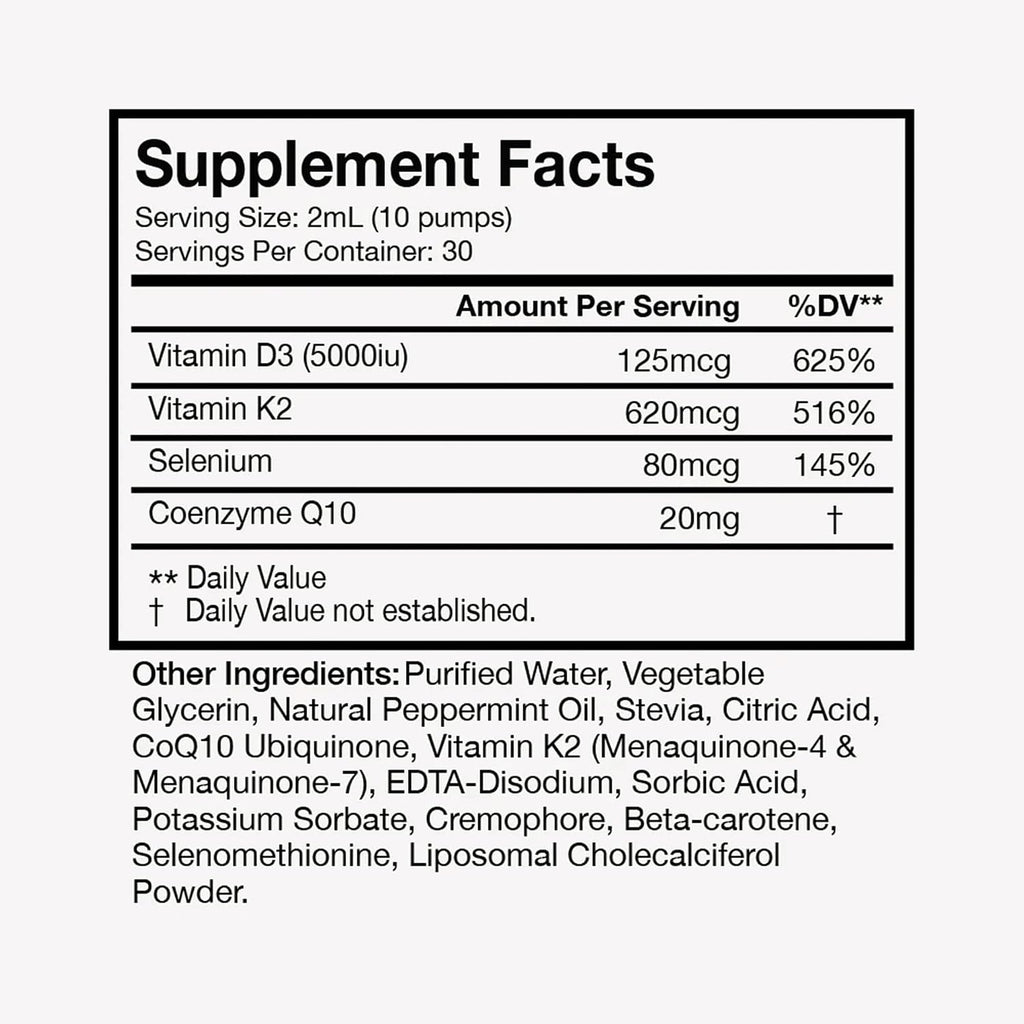 Terra Health Essentials Vitamina D3 + K2 Liposomal con CoQ10 y Selenio - 60 ml (2 oz), 30 días
