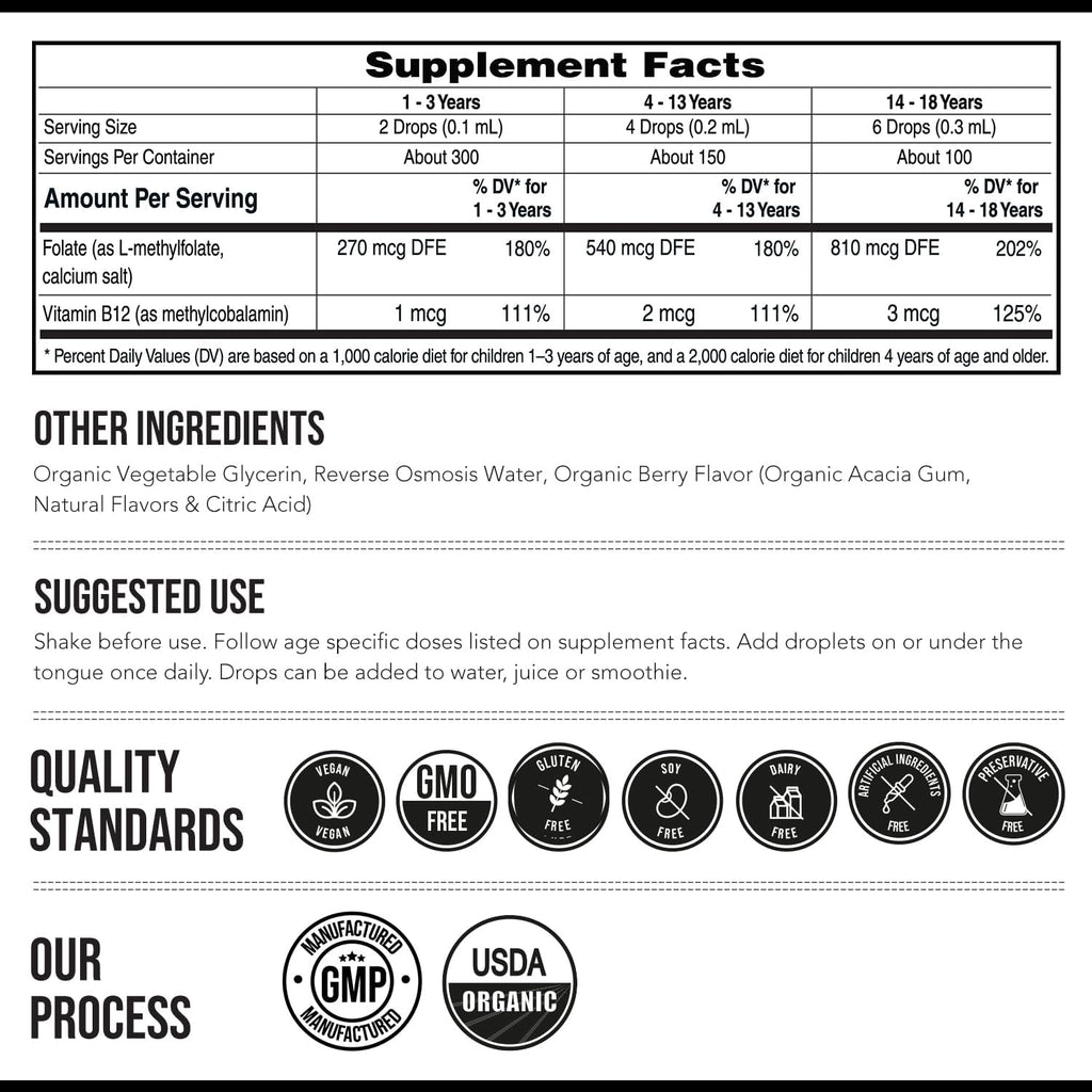 L-Metilfolato Orgánico para Niños + Metil B12 - Forma Sublingual - 5-MTHF - Sabor a Bayas Orgánico - 30 ml