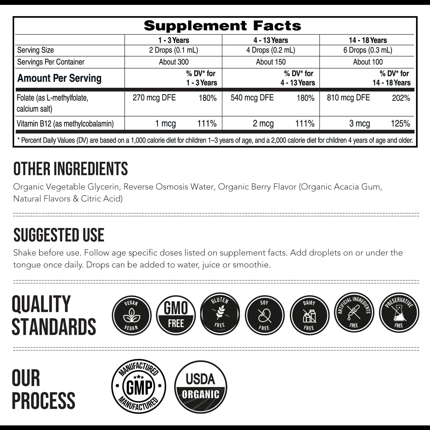 L-Metilfolato Orgánico para Niños + Metil B12 - Forma Sublingual - 5-MTHF - Sabor a Bayas Orgánico - 30 ml