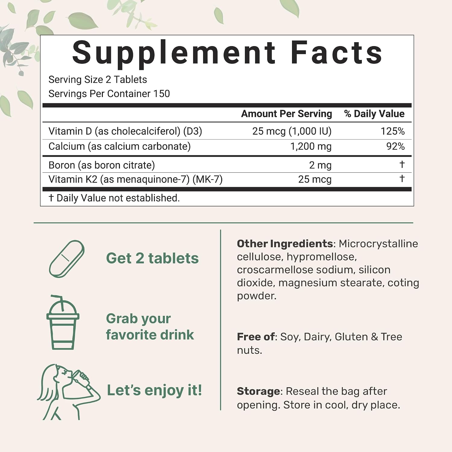 Calcio 1.200 mg con Vitamina D3 y K2, 300 Comprimidos