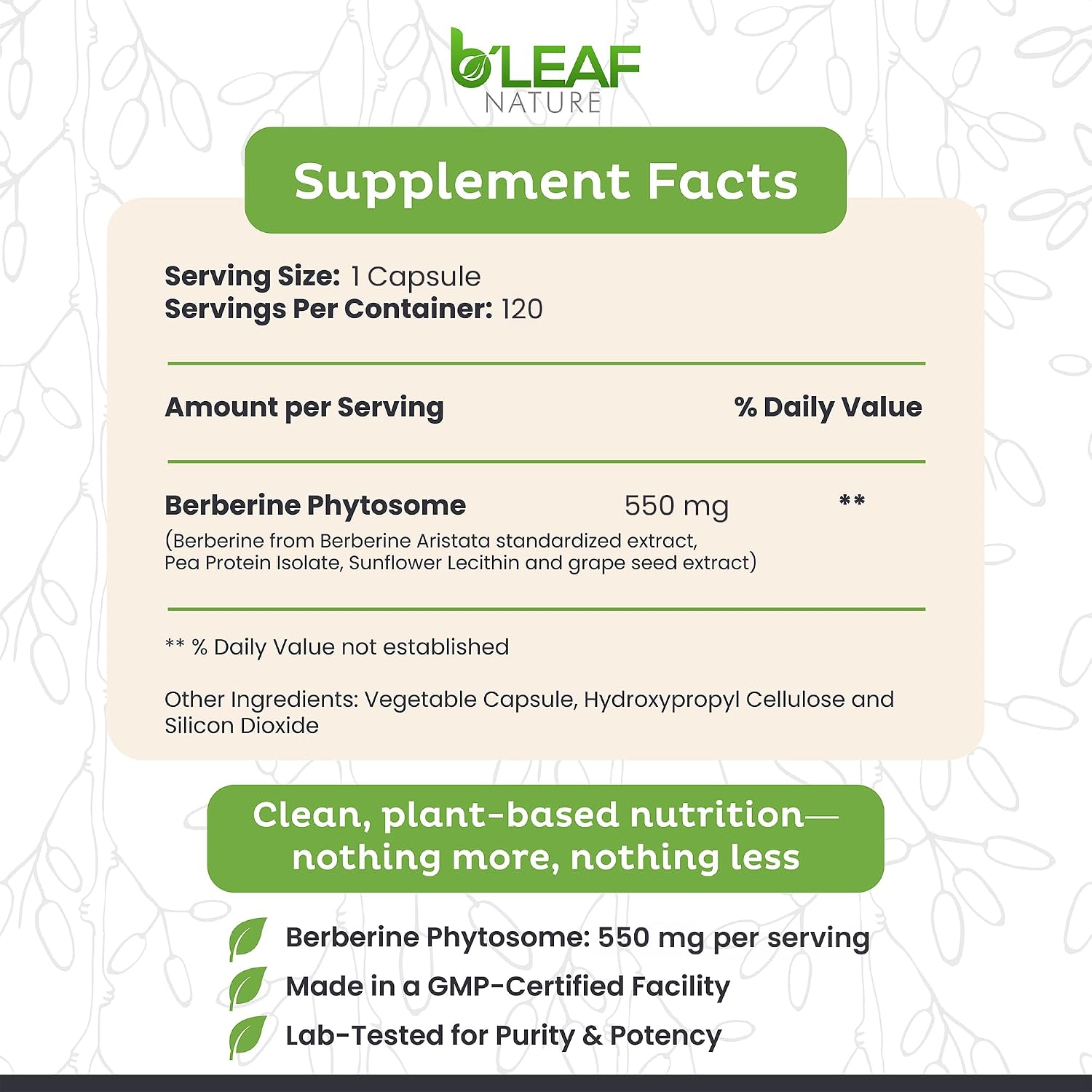 B’Leaf Nature Berberina Phytosome, 120 Cápsulas – 1100 mg de Berberina para el Apoyo Metabólico y Cardiovascular – Vegano, Sin Gluten, No-GMO