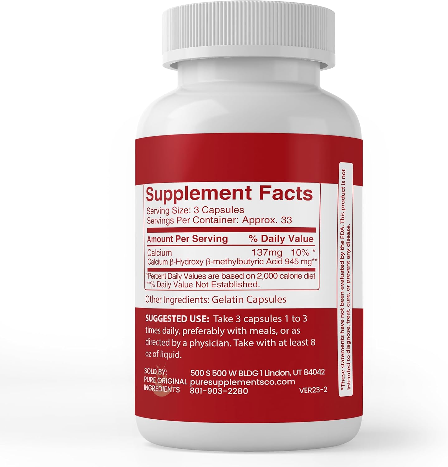 HMB (Beta-hidroxi Beta-metilbutirato) 100 Cápsulas - Pure Original Ingredients