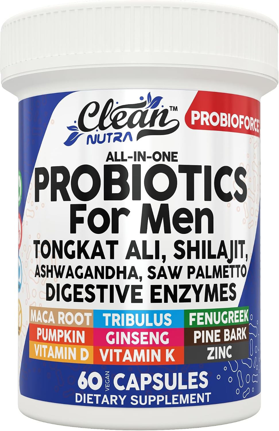 Clean Nutra Probiótico para Hombres - Complejo con Hierbas, Enzimas y Probióticos - 60 Cápsulas