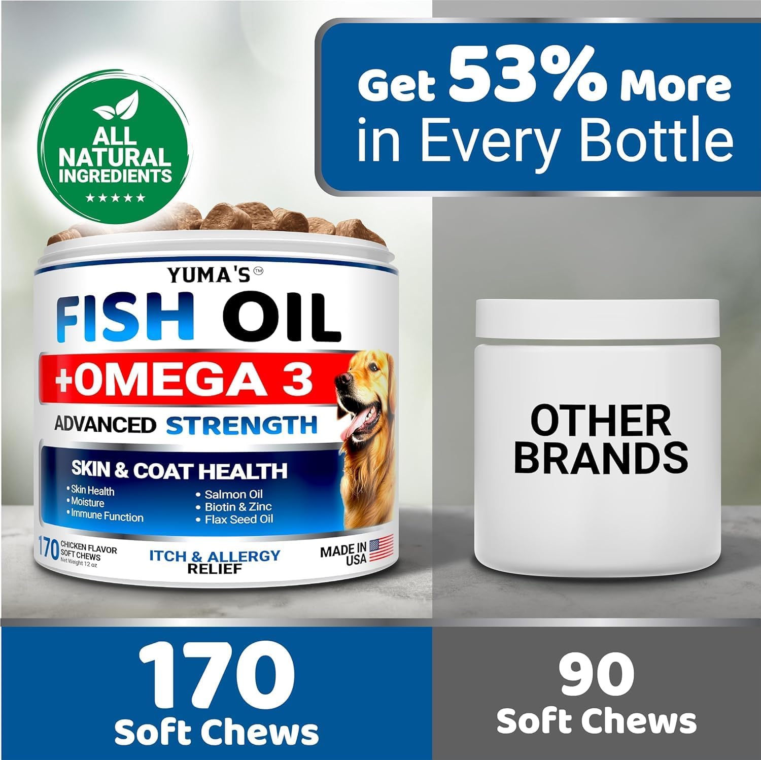 YUMA'S Omega 3 Aceite de Pescado para Perros - 170 Chews - Piel y Pelaje - Sabor Pollo