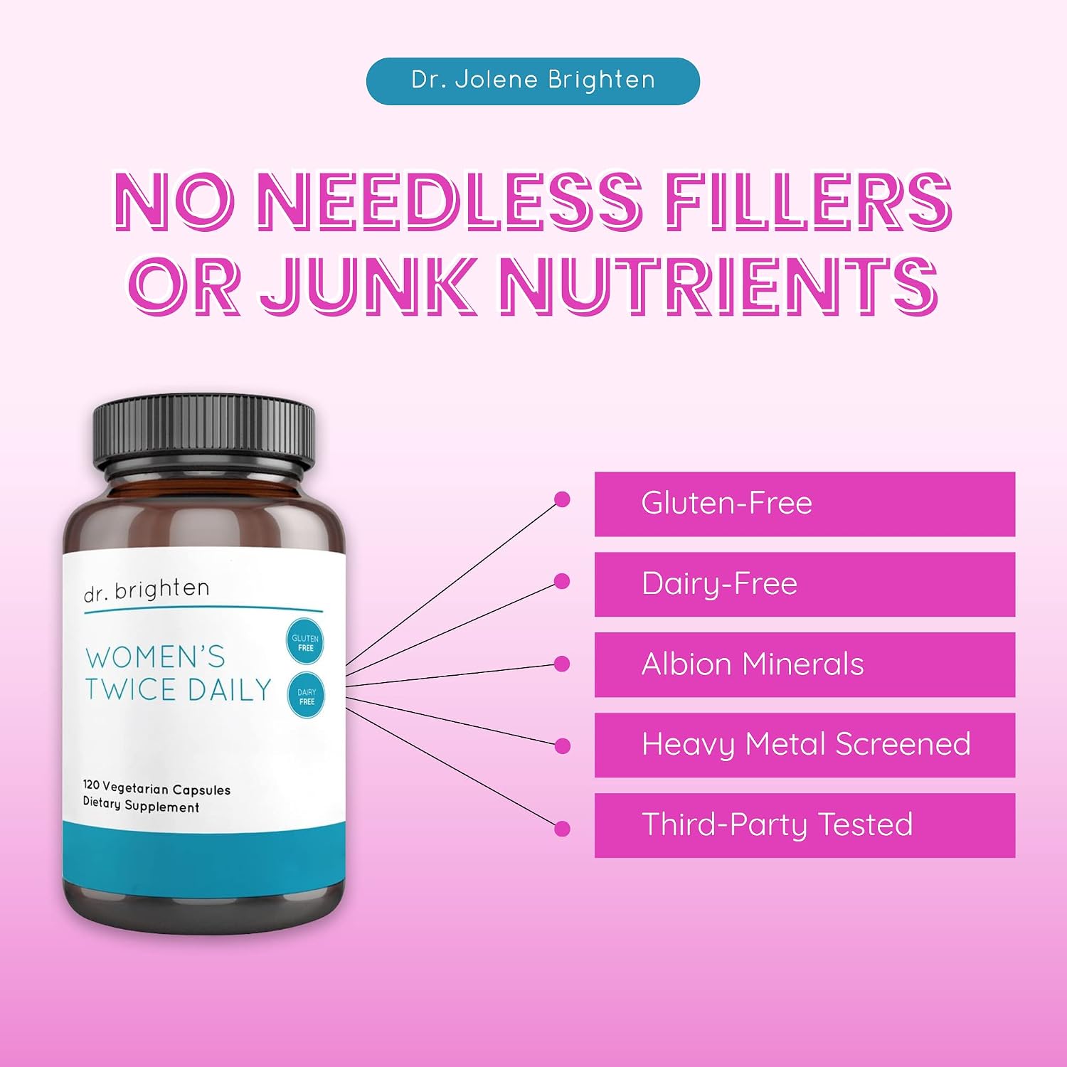 Dr. Brighten Women's Twice Daily — Multivitamínico Premium para Mujeres, Sin Hierro, 120 Cápsulas