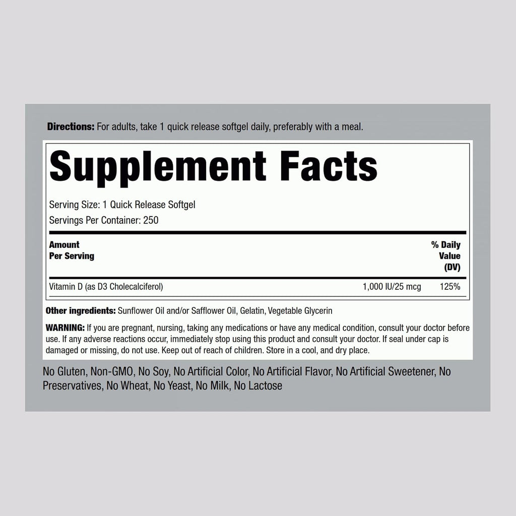 Piping Rock Vitamina D3 1000 UI (25 mcg) | 250 Cápsulas Blandas | Suplemento No-GMO, Sin Gluten