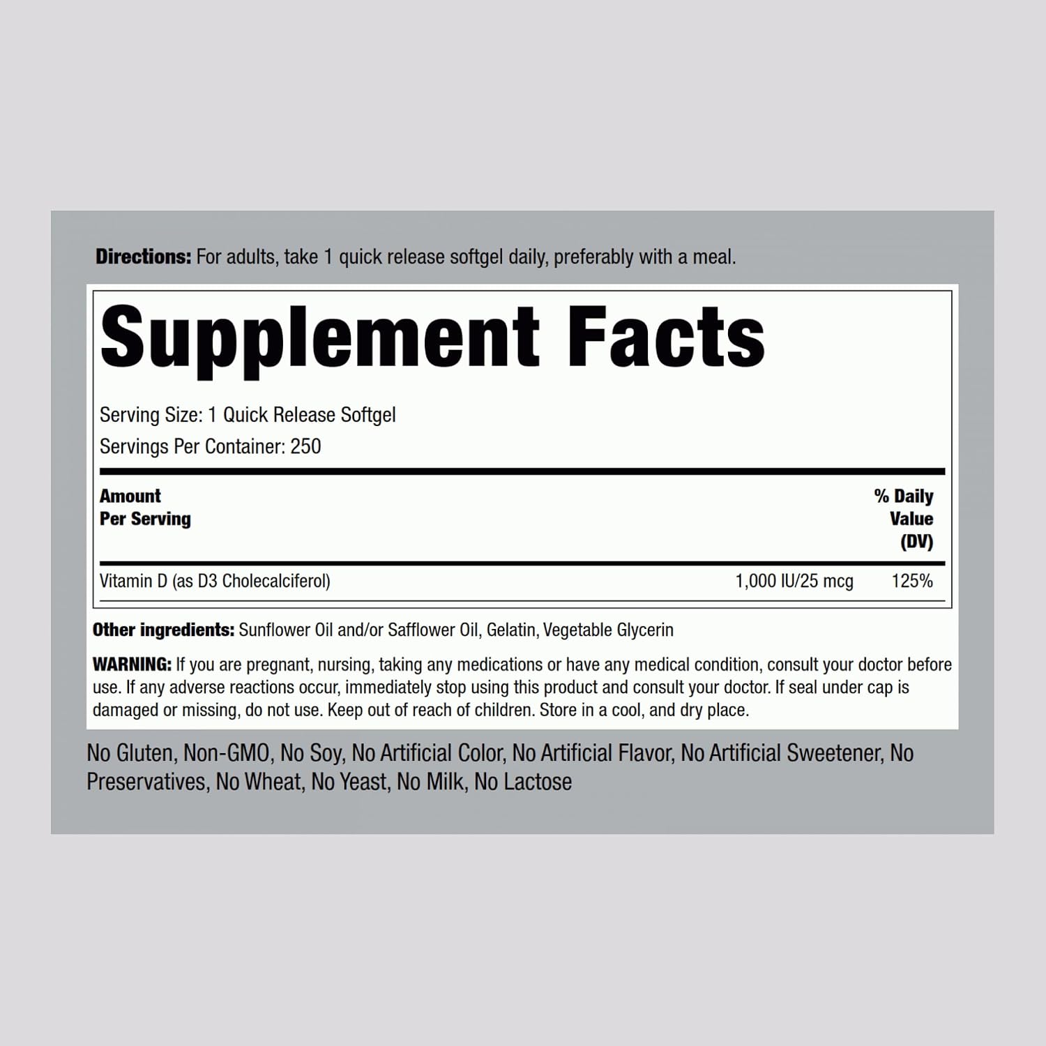 Piping Rock Vitamina D3 1000 UI (25 mcg) | 250 Cápsulas Blandas | Suplemento No-GMO, Sin Gluten