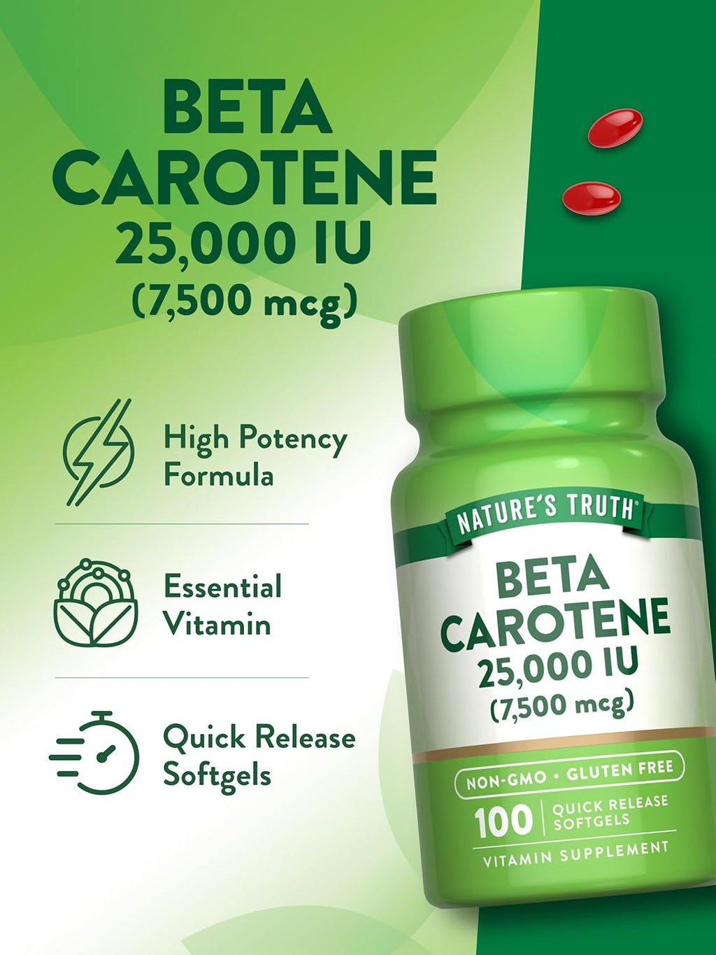 Nature's Truth Betacaroteno 25000 UI Cápsulas Blandas - 100 Unidades - Complemento de Vitamina A - Sin OMG y Sin Gluten