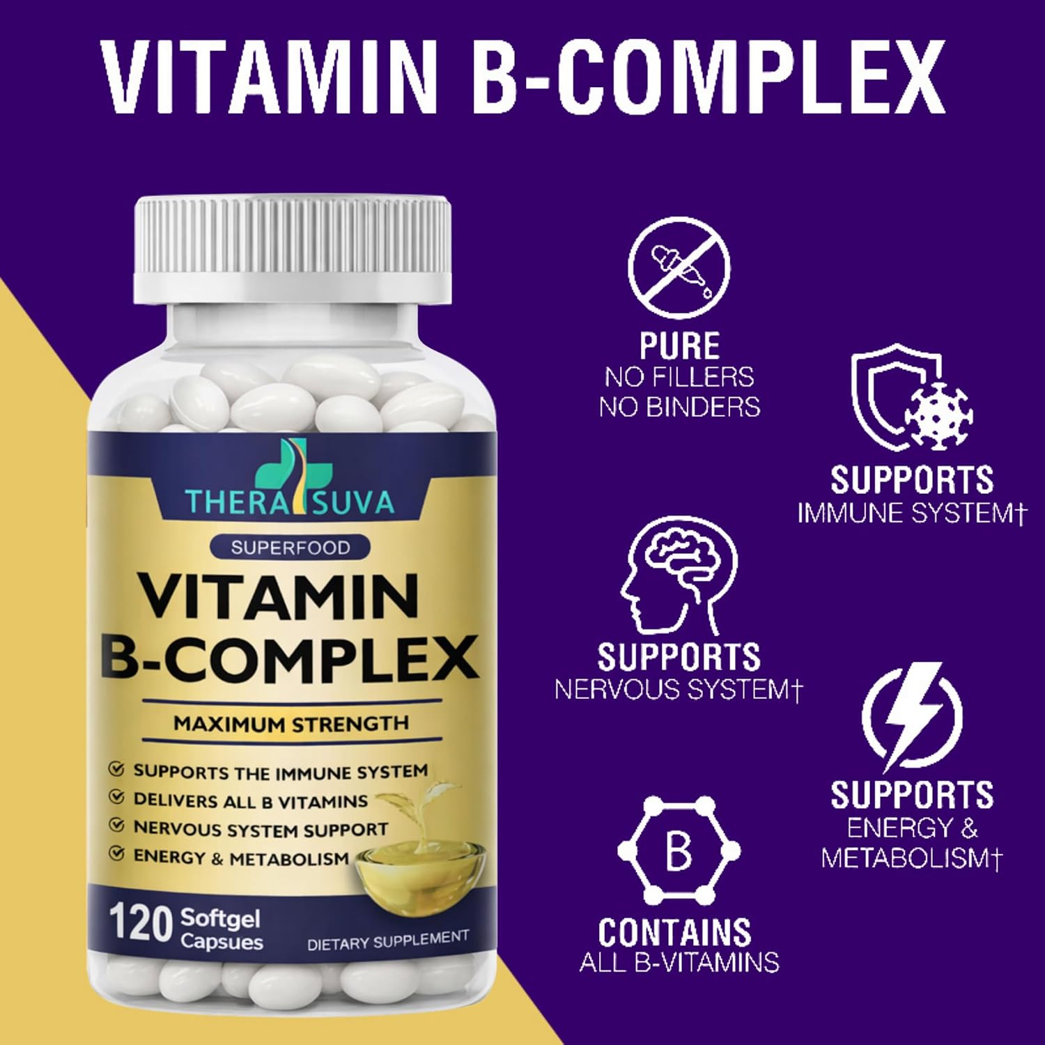 TheraSuva Complejo B + CoQ10 + Vitamina C - Suplemento de Máxima Potencia para Energía y Apoyo al Metabolismo, 2 Meses de Suministro, 120 Cápsulas Blandas