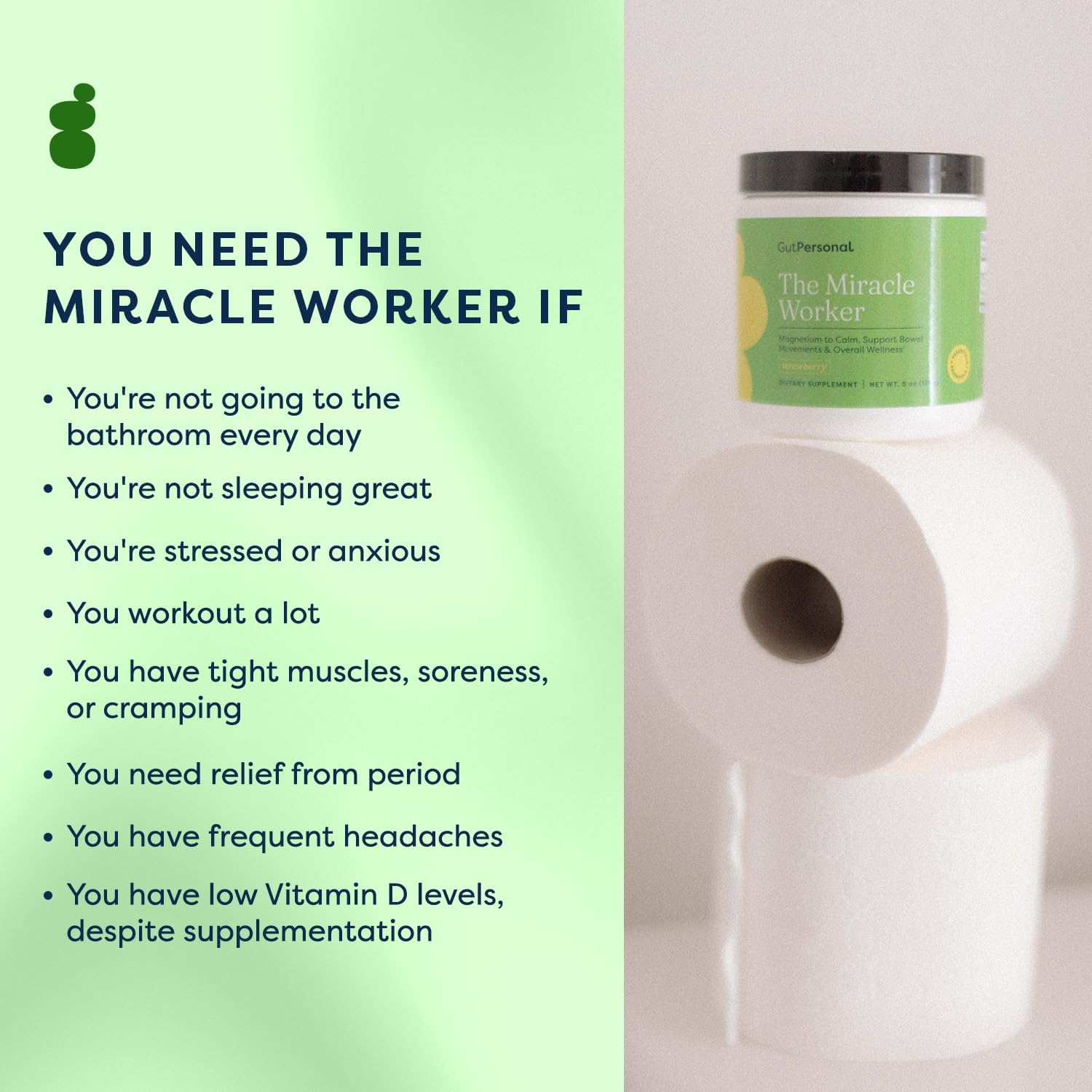 GutPersonal The Gut Fix™ Pack: The Miracle Worker Magnesio en Polvo, Sabor Fresa, 30 Dosis + The Booster Probiótico, Cápsulas, 60 Dosis