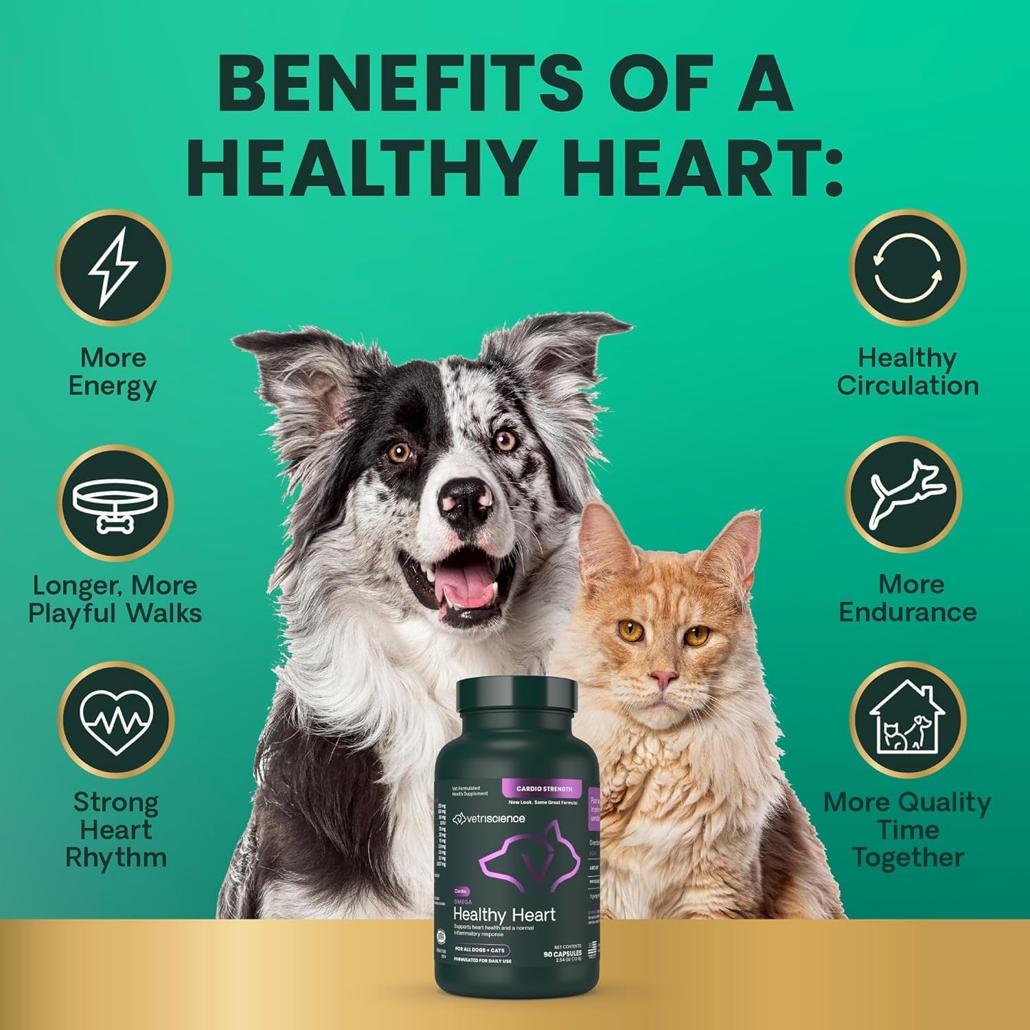 VetriScience Omega Healthy Heart - Suplemento cardíaco con Taurina y Omega-3 para Perros y Gatos, 90 Cápsulas