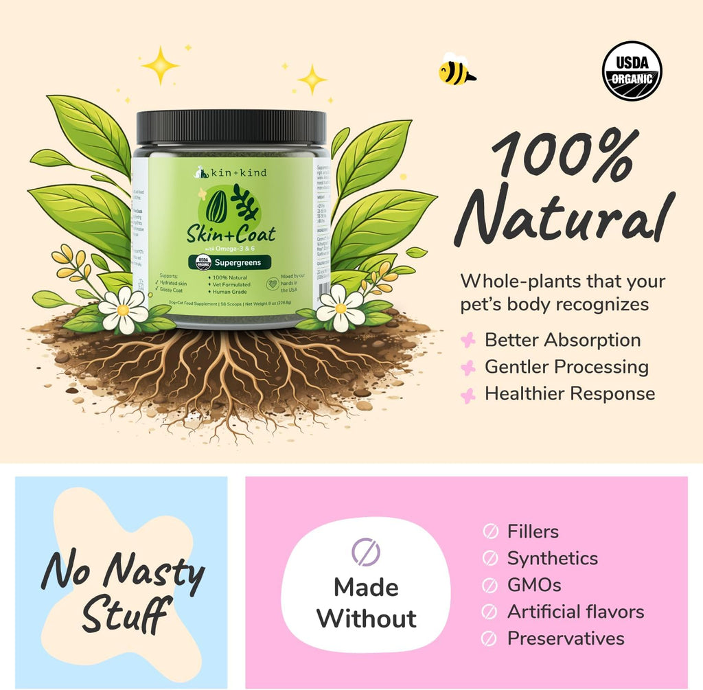 kin+kind Suplemento para la Piel y el Pelaje de Perros y Gatos – Vitaminas Naturales con Ingredientes Orgánicos – 3x8 oz
