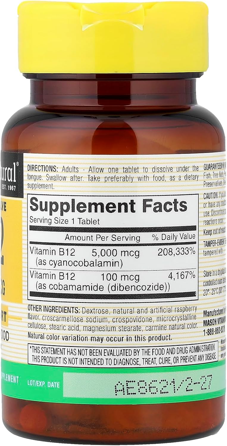 MASON NATURAL Vitamina B12 5.000 mcg – Comprimidos de Disolución Rápida, 30 Comprimidos