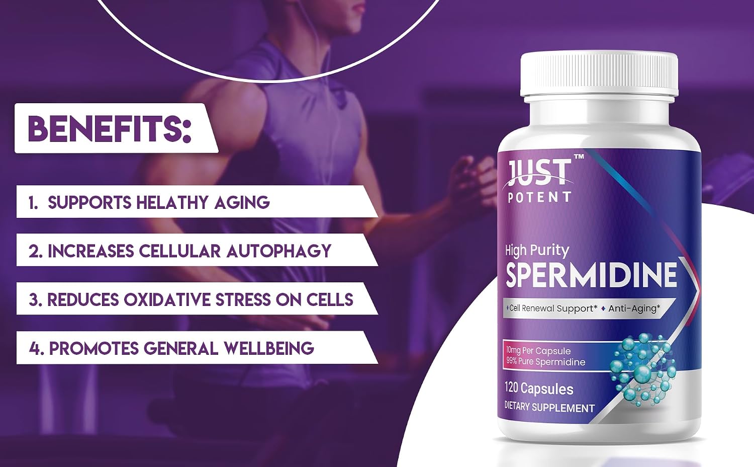 Just Potent Espermidina de Alta Pureza (99%) - 120 Cápsulas, 10 mg por Cápsula