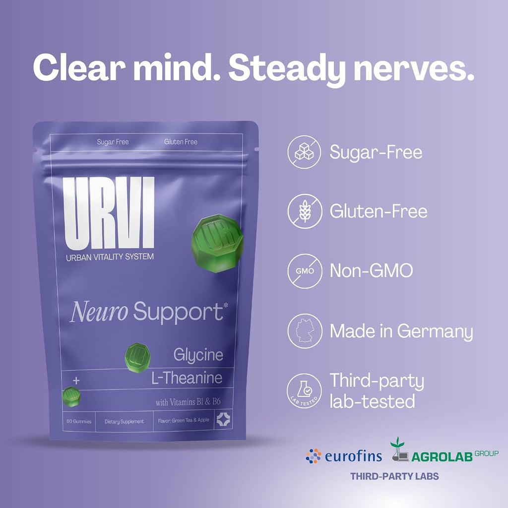 URVI® Neuro Gummies – 500mg Glicina, 150mg L-Teanina, Vitaminas B1 y B6 – Sin Cafeína ni Azúcar – Sabor Té Verde y Manzana – 60 Gominolas