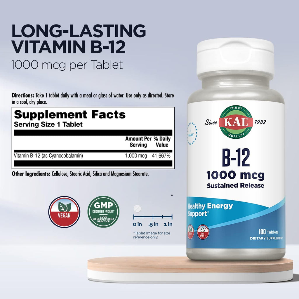 KAL Vitamina B12 1000mcg, Liberación Sostenida – Apoyo Energético y Nervioso, Vegano, 100 Comprimidos