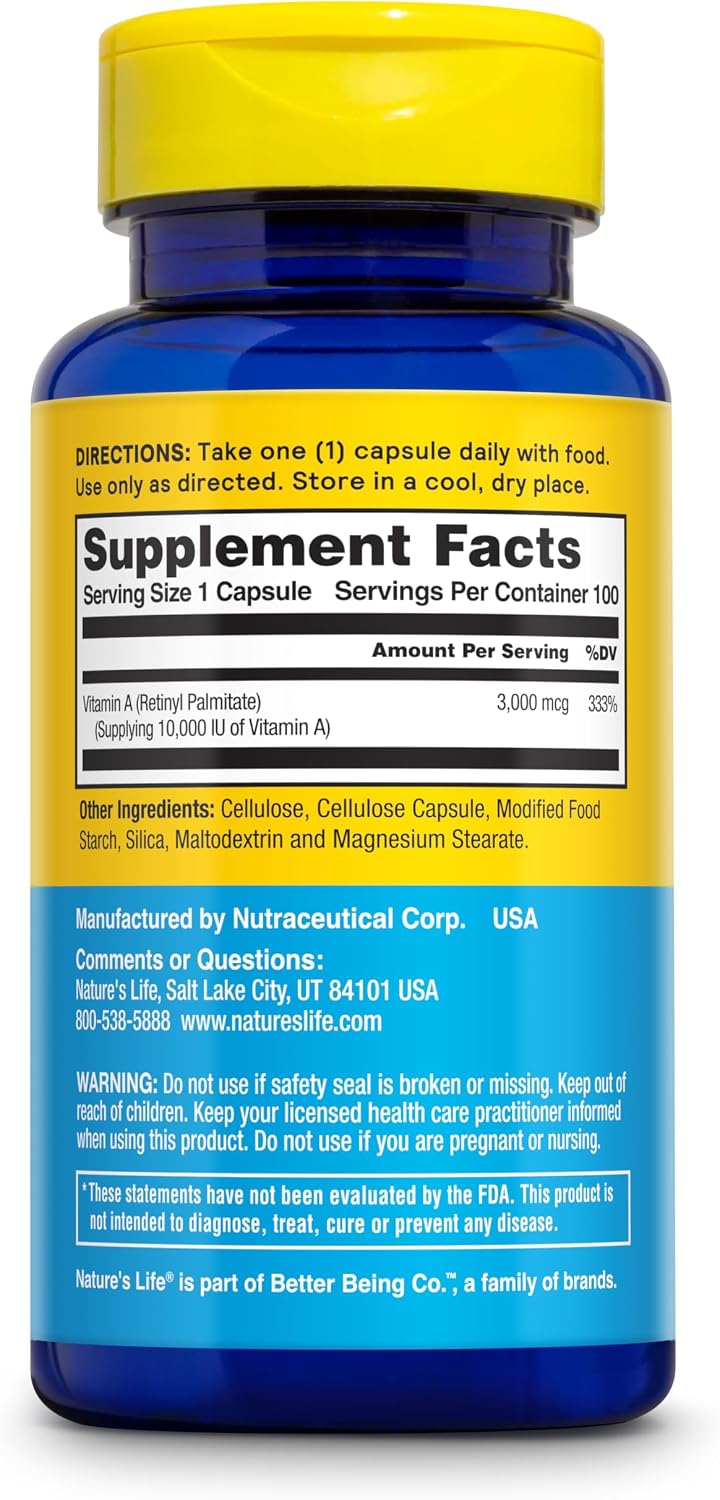 Nature's Life Vitamina A 10.000 UI | 100 Cápsulas