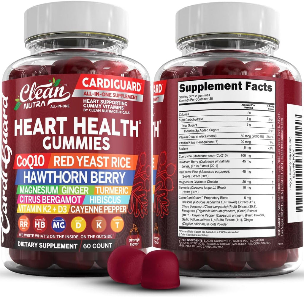 Clean Nutraceuticals CoQ10 Gummies - CardiGuard - Gominolas de Coenzima Q10 con Arroz de Levadura Roja, Espino Blanco, Jengibre, Cúrcuma, Bergamota, Hibisco, Vitamina K2+D3, Magnesio Glicinato, Pimienta de Cayena y Fenogreco - Sabor Naranja