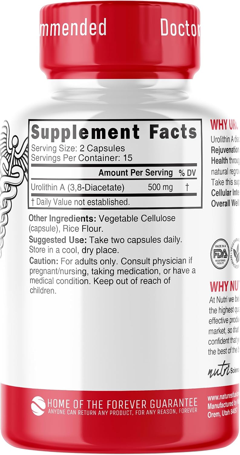 Nutri Urolithin A Suplemento 500mg - Potente Antioxidante - 30 Cápsulas Veganas