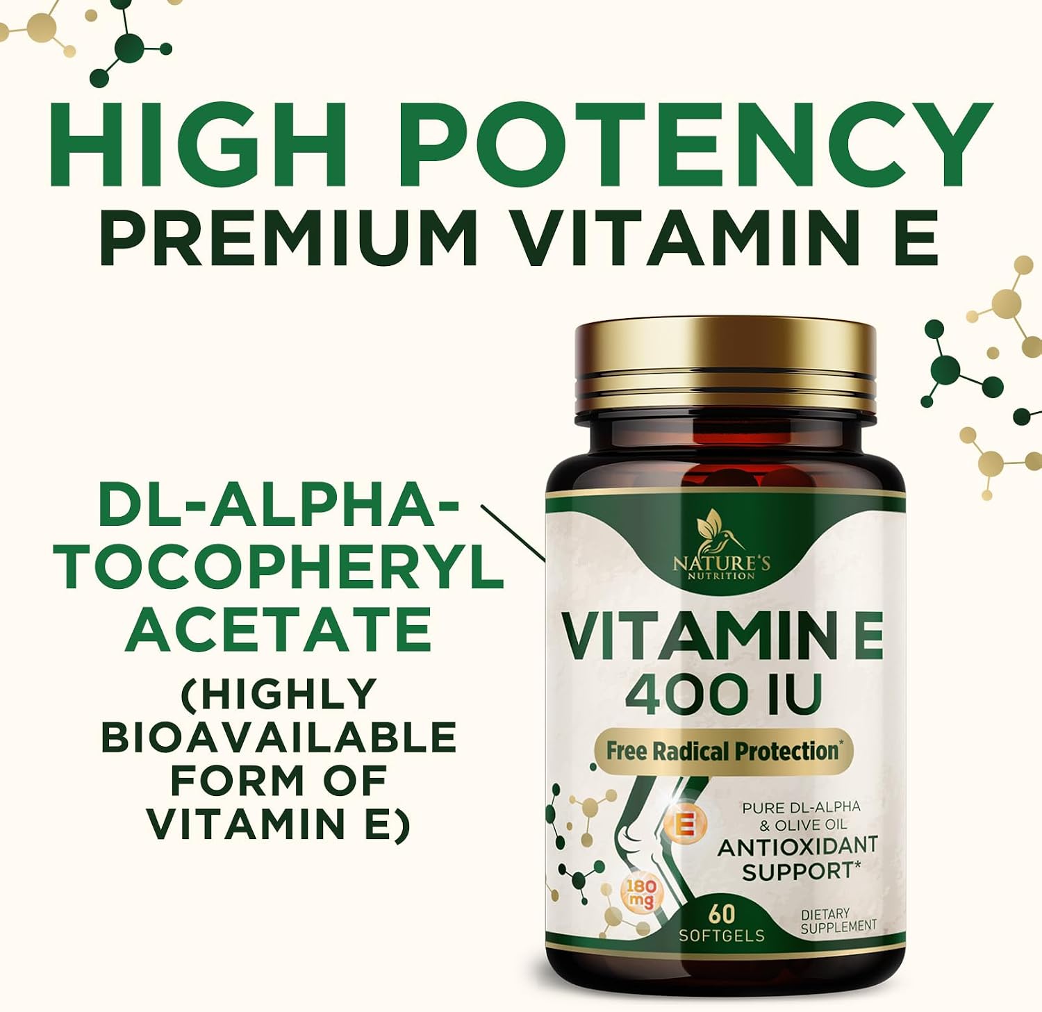 Vitamina E 180mg por Dosis - DL-Alfa Tocoferol - 60 Softgels
