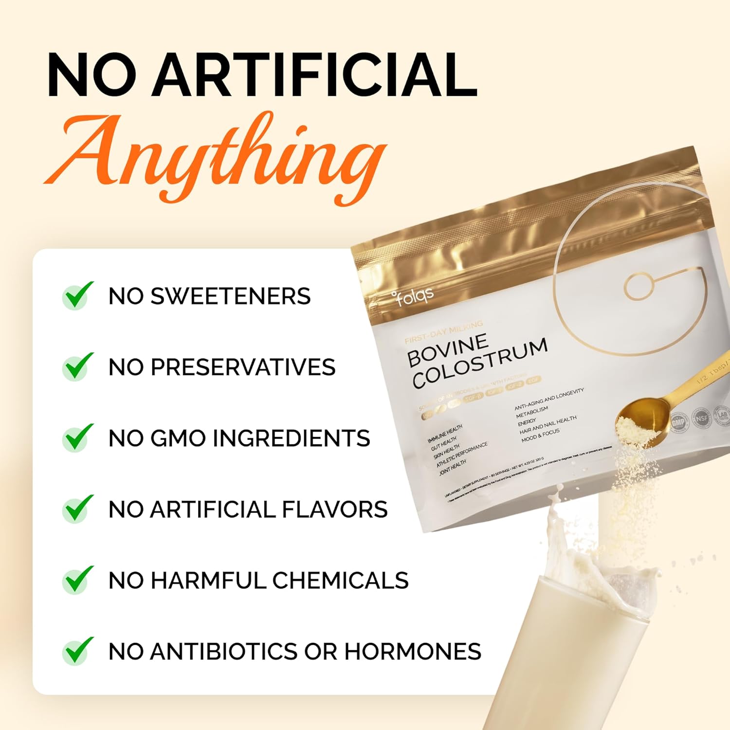 Folqs Polvo de Calostro Bovino – Primera Ordeña para Apoyo Inmunitario y Digestivo – 60 Dosis – Apoya la Salud de la Piel y los Tejidos – Fabricado en EE. UU. – Aminoácidos, Vitaminas, Minerales – Kosher – De Origen Sostenible