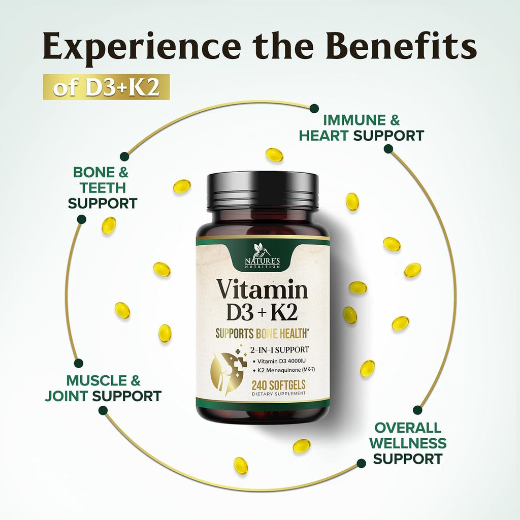 Vitamina D3 4000 UI + K2 (MK-7) 100 mcg - Suplemento 2 en 1 para Huesos, Corazón e Inmunidad - 240 Cápsulas Blandas