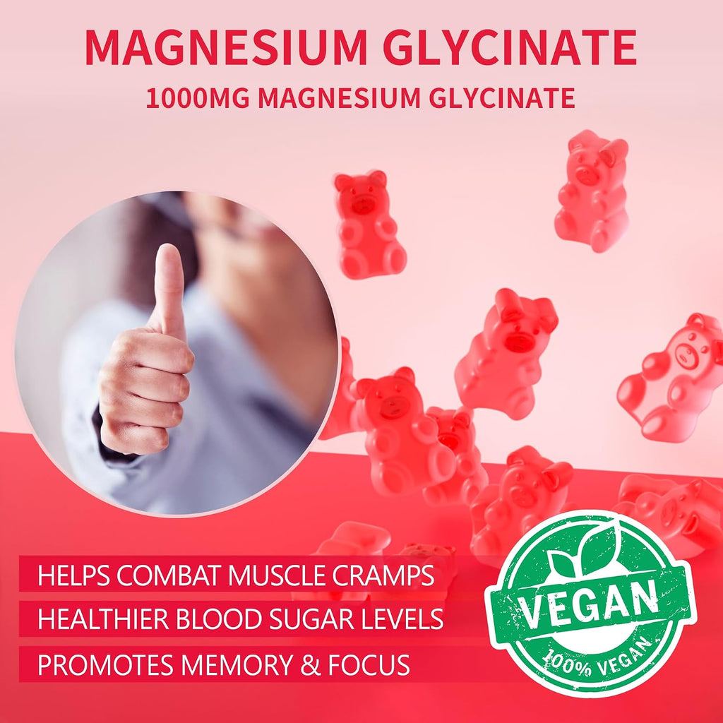 Gominolas de Magnesio Glicinato 1000mg - Sin Azúcar - 180 Gominolas Sabor Frambuesa