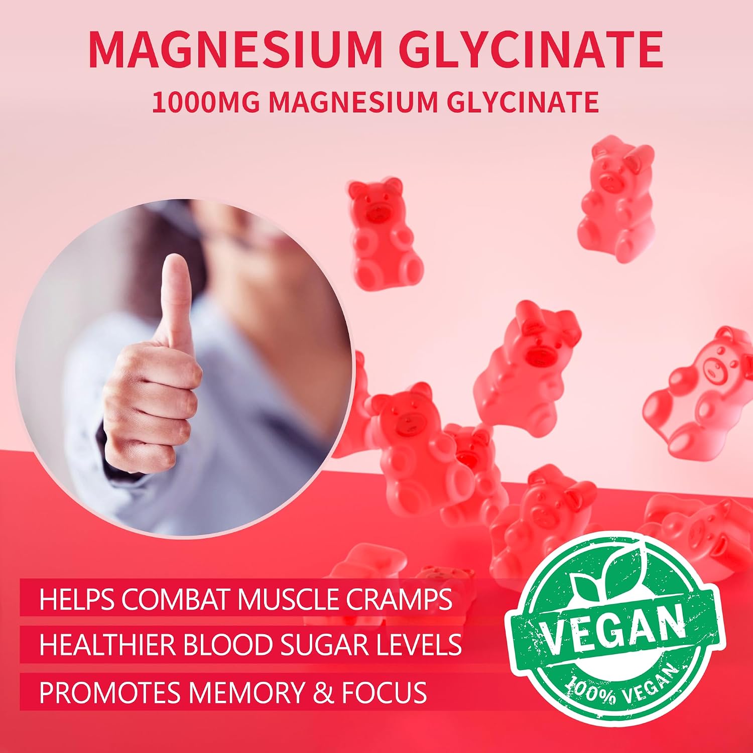 Gominolas de Magnesio Glicinato 1000mg - Sin Azúcar - 180 Gominolas Sabor Frambuesa
