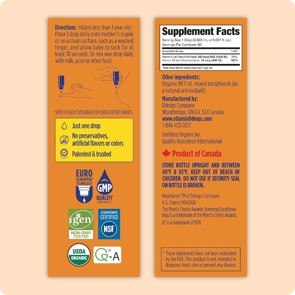 Ddrops® Baby Orgánico Gotas de Vitaminas A y D para Bebés, 60 Gotas