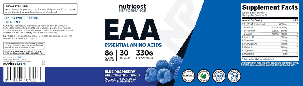 Nutricost EAA Powder 30 Servings (Blue Raspberry) - Aminoácidos Esenciales