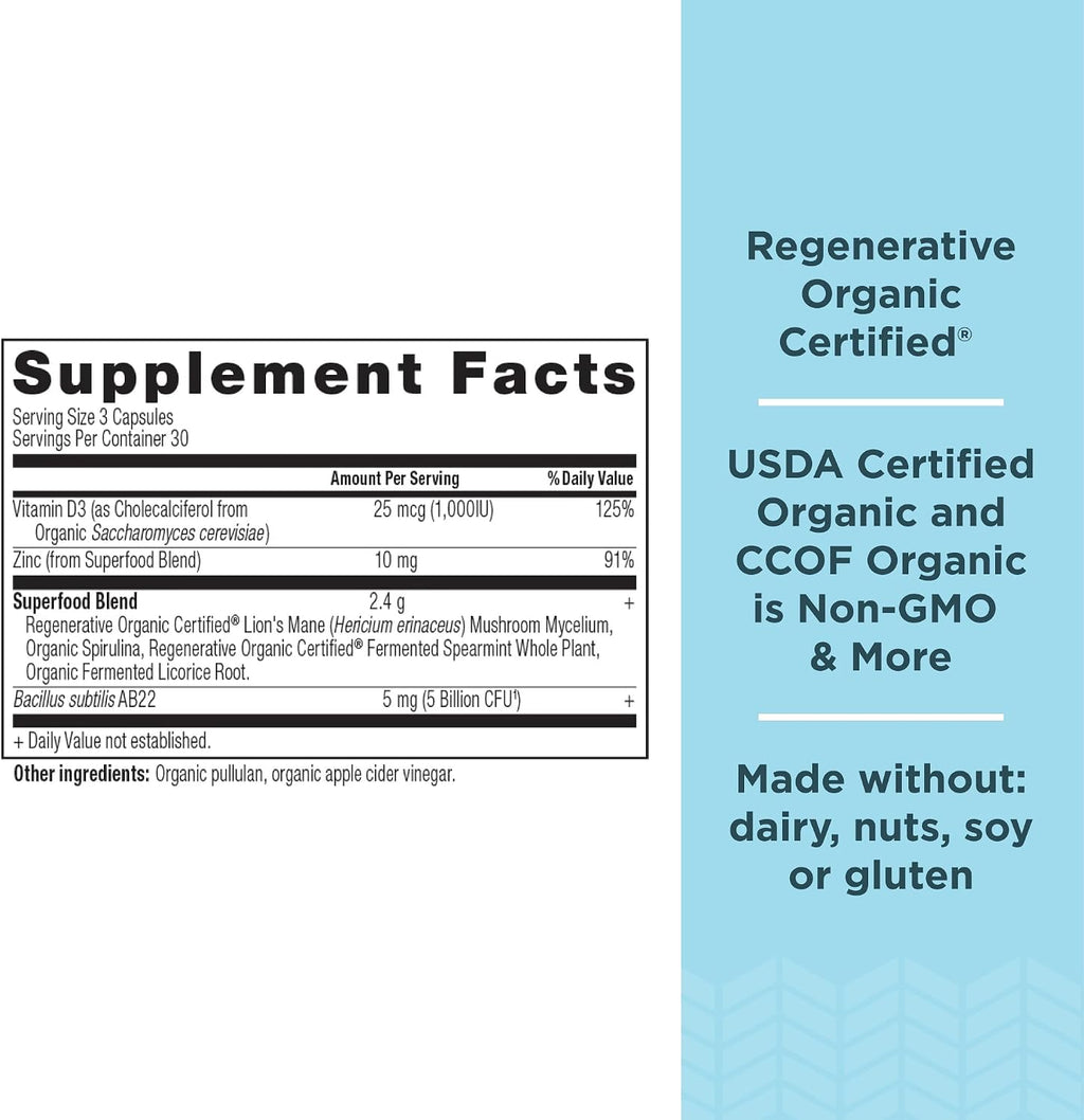 Ancient Nutrition Suplemento de Salud Intestinal, Certificado Orgánico Regenerativo, Cápsulas para el Soporte Intestinal, Formulado con Melena de León, Raíz de Regaliz Fermentada y Hierbabuena, Sin Gluten, Paleo y Keto, 90 Cápsulas