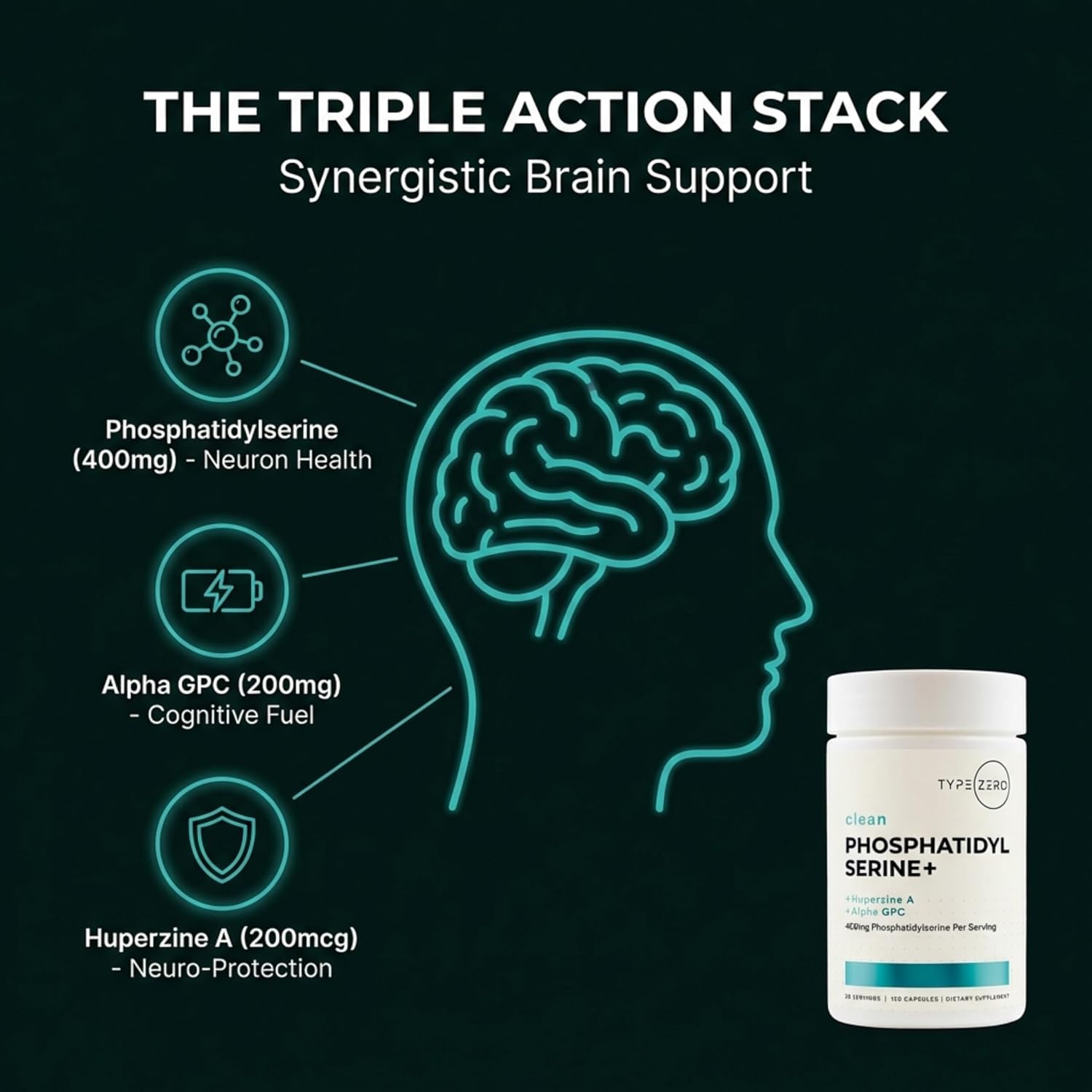 Phosphatidylserine 3X Strength - Suplemento de apoyo cerebral con Alpha GPC y Huperzina A