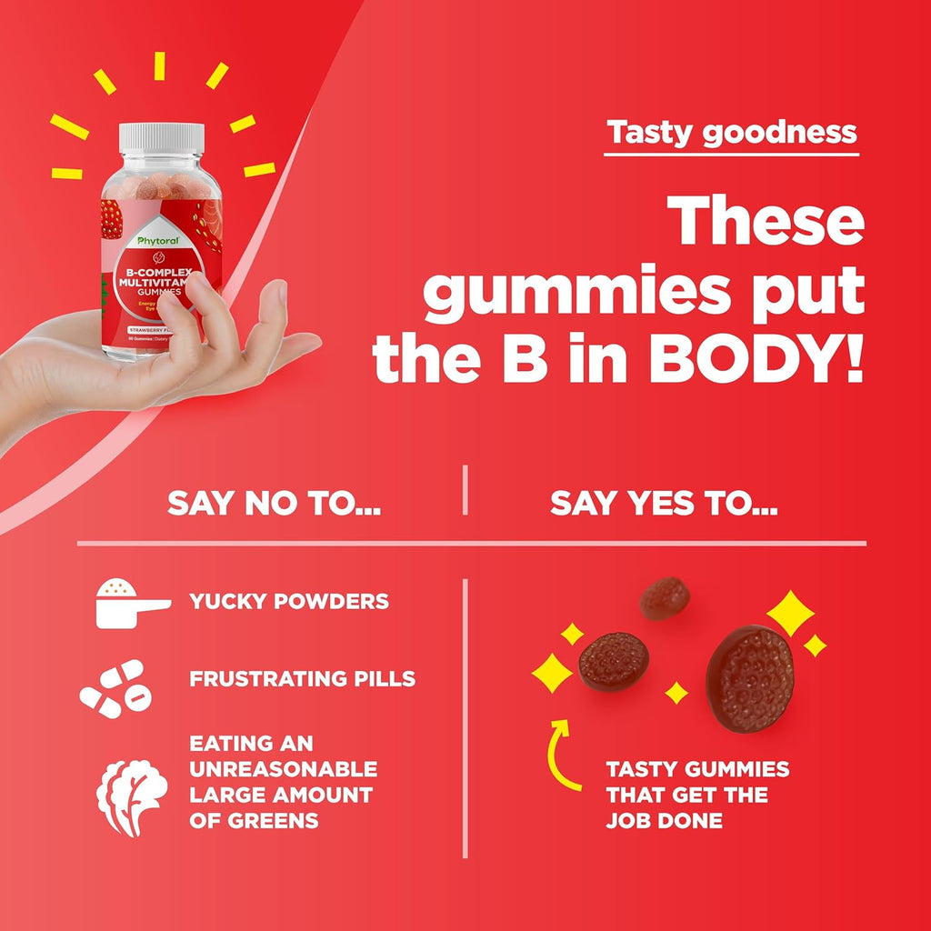 Complejo B en Gominolas para Adultos y Niños - Vitaminas B1, B2, B3, B6, B12 y Folato con Vitamina C - 60 Gominolas