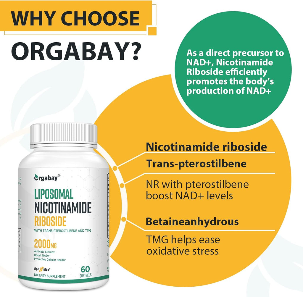 Orgabay Liposomal Nicotinamide Riboside 2000 mg con TMG y Pterostilbeno, 60 Cápsulas Blandas