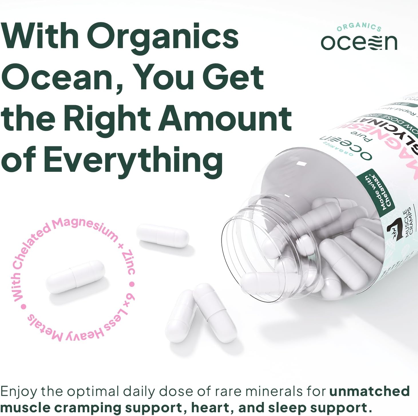 Organics Ocean Magnesio Glicinato Puro con Zinc - Suplemento de Magnesio Quelado de Máxima Potencia para Mujeres y Hombres, Ayuda contra Calambres Musculares y Favorece el Sueño - 6 Frascos