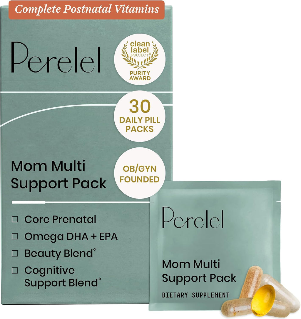 Perelel Mom Multi Support Pack - Vitaminas Postnatales con Omega 3 DHA, Hierro, Colágeno y Vitamina B12 - 30 Paquetes Diarios