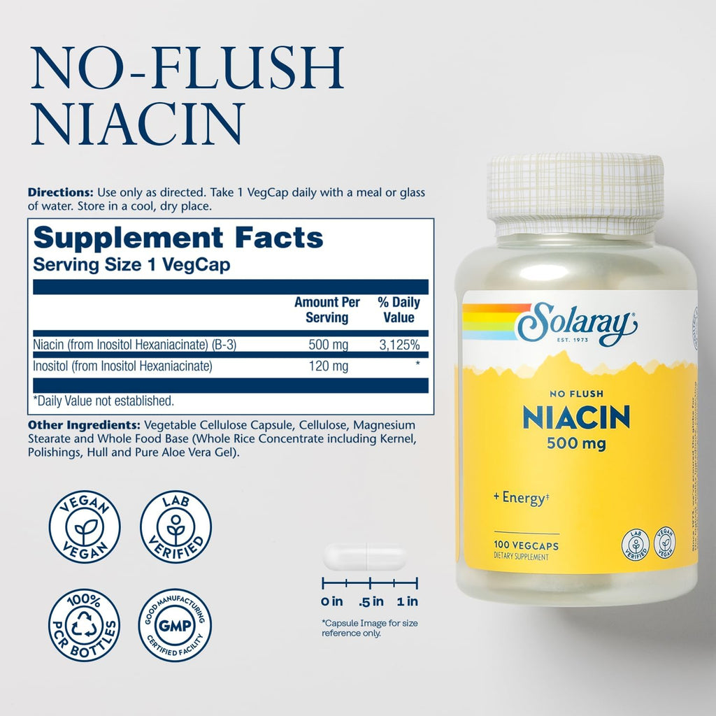 Solaray No Flush Niacin 500 mg, Vitamina B3 sin Enrojecimiento, Vegano, 100 Cápsulas