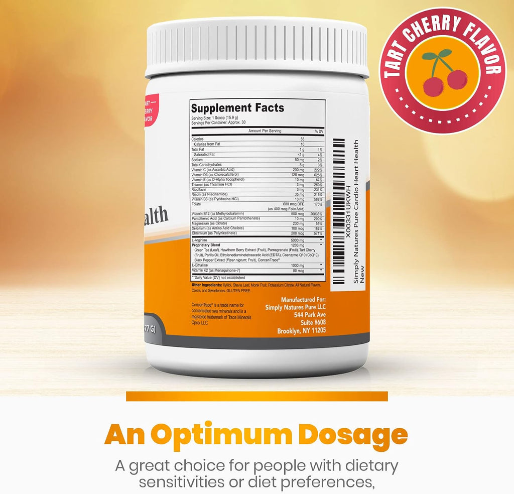Simply Natures Pure Cardio Heart Health — Polvo para Impulsar el Óxido Nítrico con L-Arginina 5000 mg, L-Citrulina 1000 mg y Espino Blanco, Sabor a Cereza (477 g)