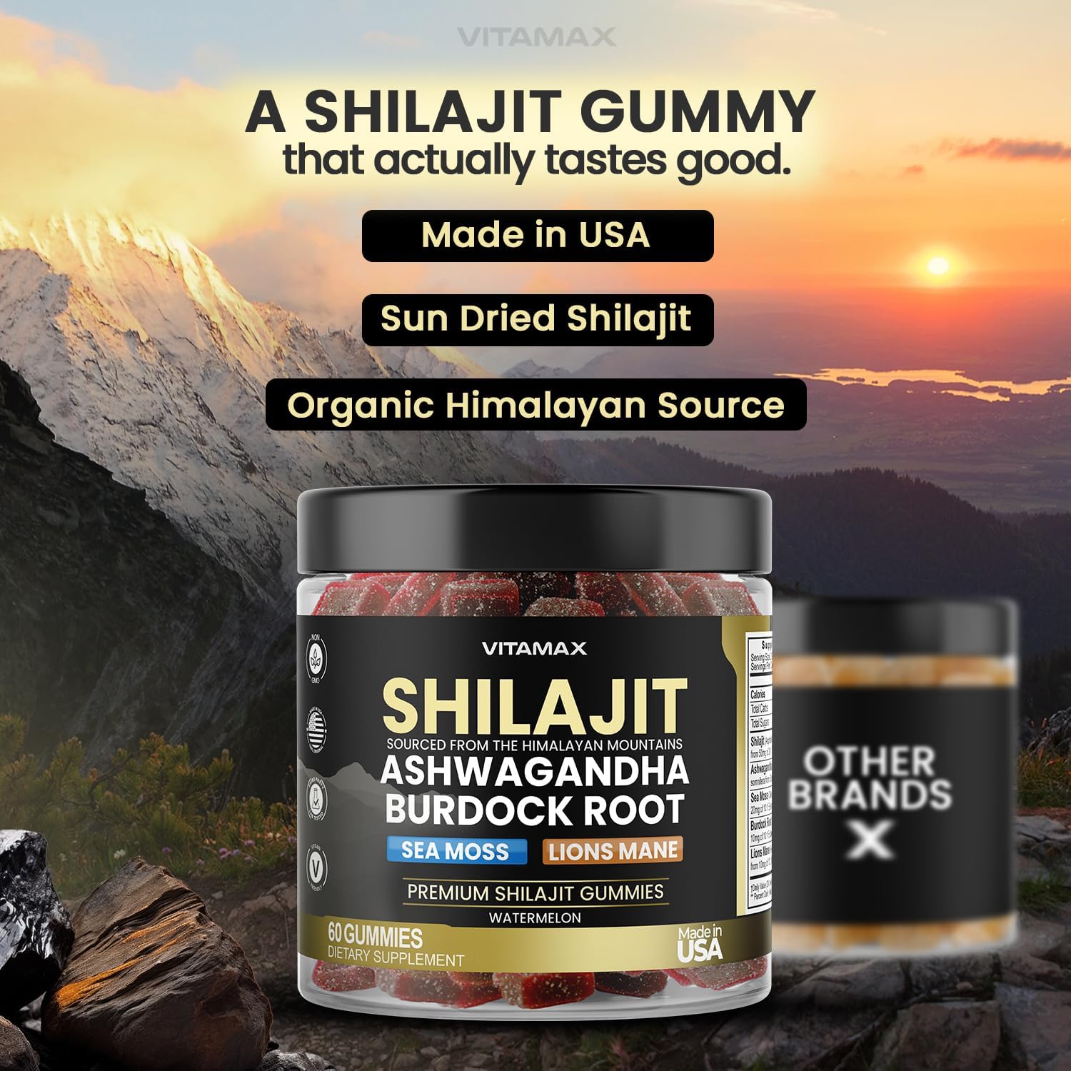 Pure Shilajit Gummies con Sea Moss, Ashwagandha y Minerales - Sabor Sandía - 60 Gomitas