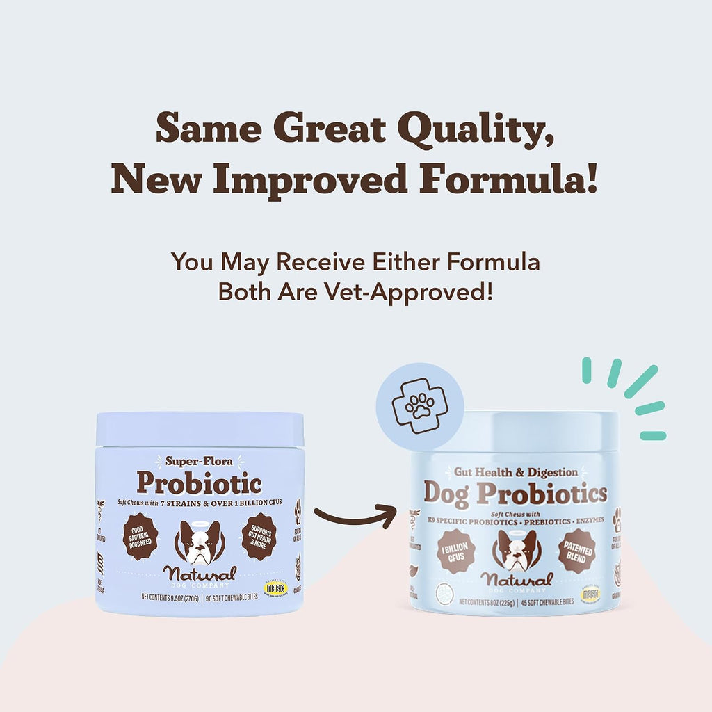 Natural Dog Company Probióticos para Perros – Masticables con 1B UFC, Cepas Microencapsuladas, Prebióticos y Enzimas para la Salud Digestiva, 45 unidades