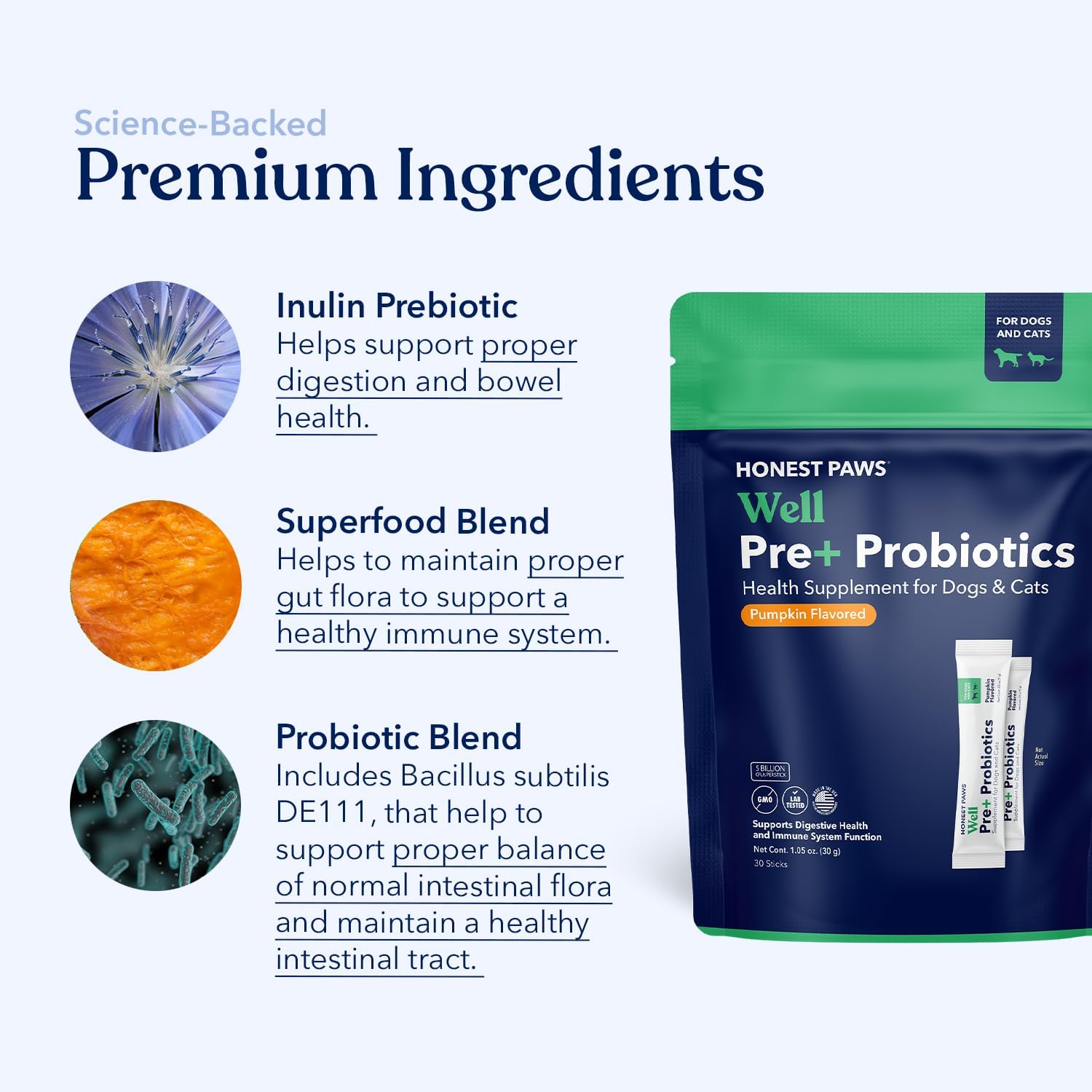 Honest Paws Probióticos para Perros - Polvo Digestivo con Prebióticos y Sabor a Calabaza (30 sticks)