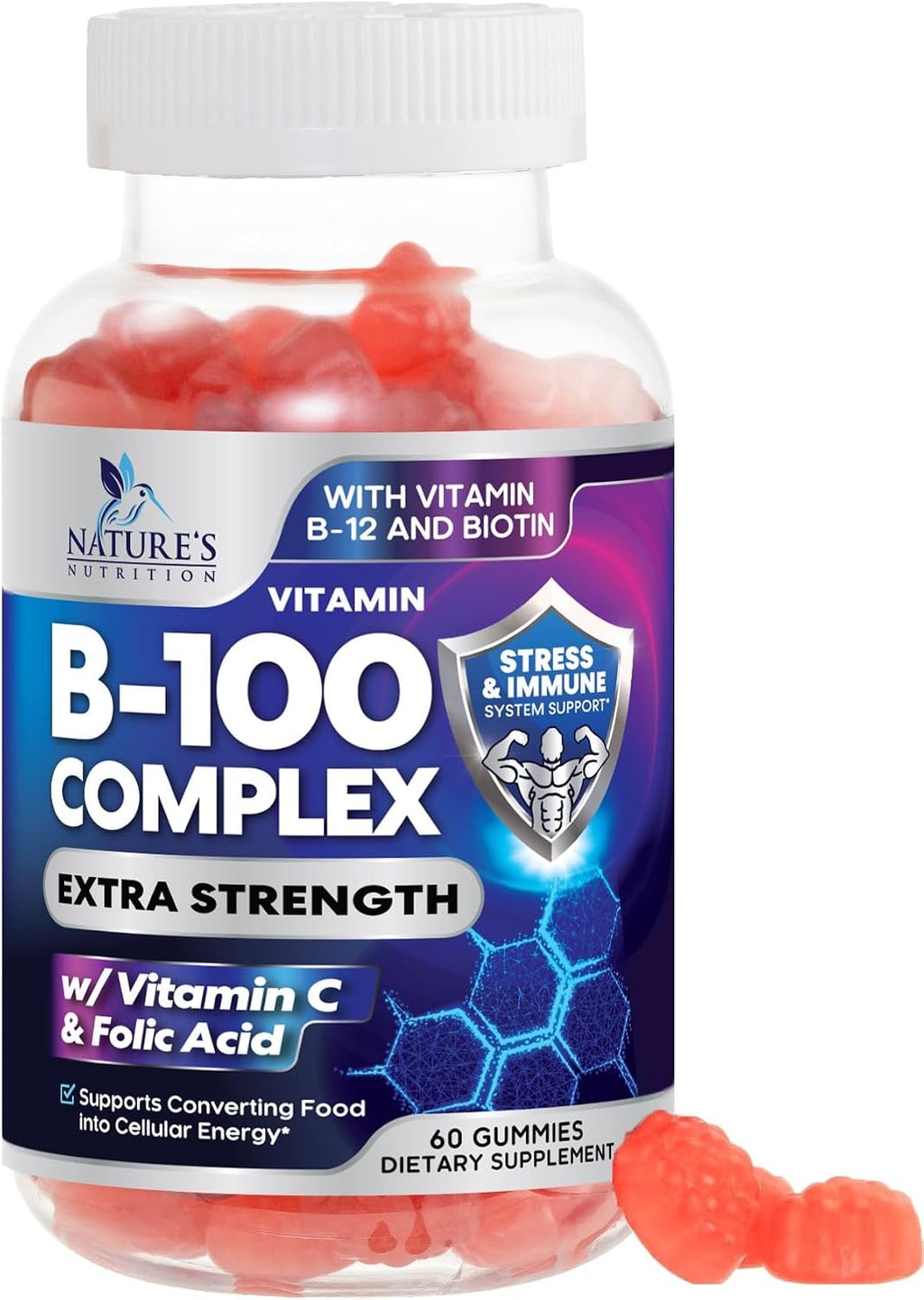 Vitamin B Complex Gummies – Extra Strength Super B Vitamin Gummy con Vitamina C, Apoyo Inmunológico para Hombres y Mujeres – Suplemento de Energía y Apoyo Cerebral con Ácido Fólico, Niacina, B6, B12 – 60 Gominolas